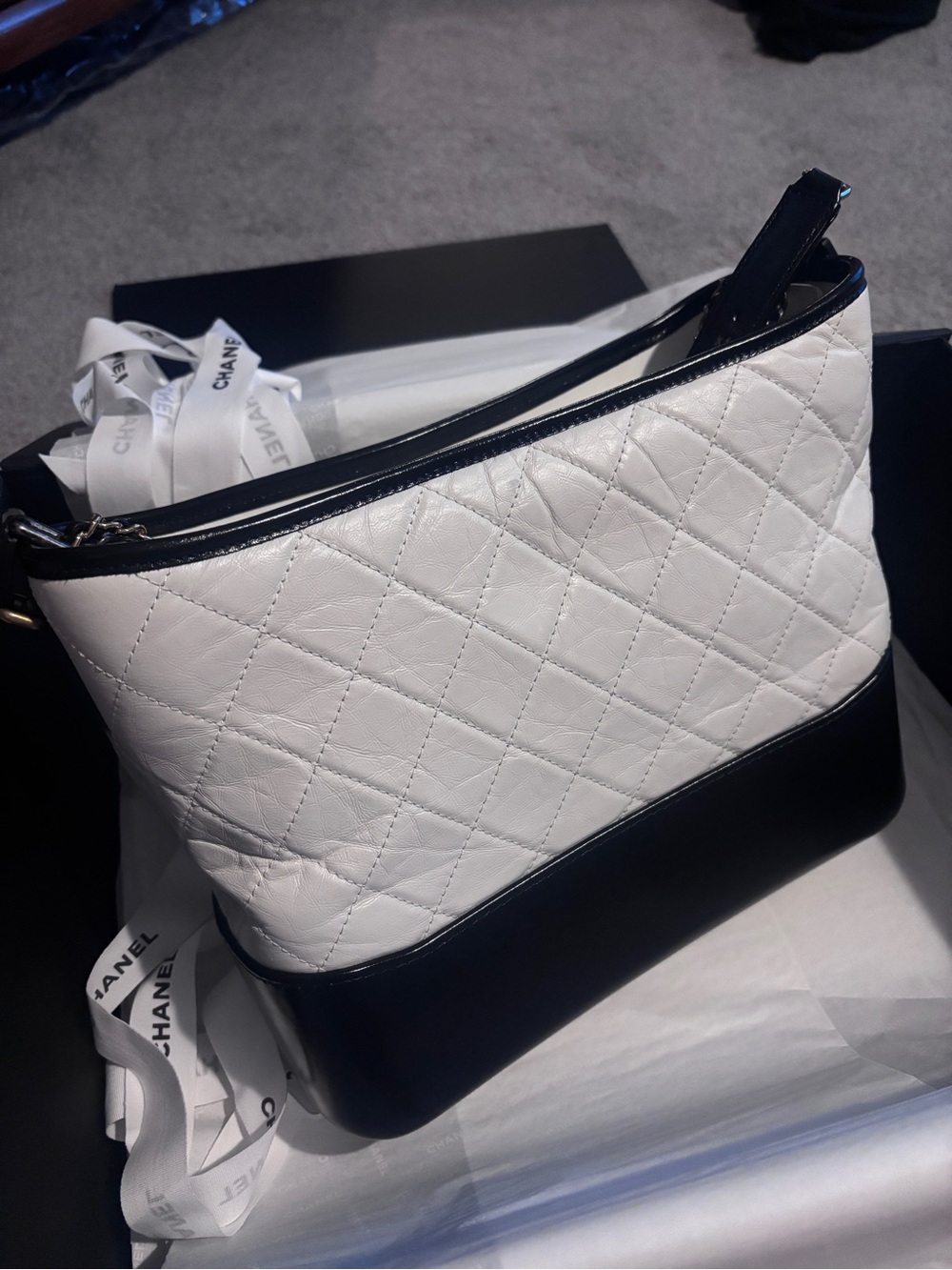 Chanel large Gabriella Quilted Leather hobo Bag in White and Black
